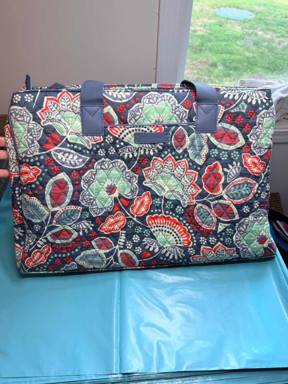 Vera Bradley Navy Quilted Floral Travel Tote with Red and Mint Accents NWOT